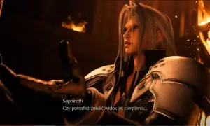 Sephiroth w Final Fantasy VII Remake Intergrade spolszczenie pyta o cierpienie. Płomienie w tle.