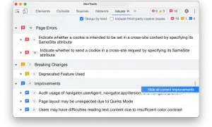DevTools Issues: błędy ciasteczek, zmiany, ulepszenia. To okno pokazuje, co to są devtools i jak działają.