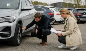 Man kollar däcket på en silverfärgad BMW X1, kvinnan läser papper. Kanske ett BMW X1 problem?