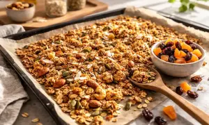 En stor plåt med gyllene, hemmagjord granola fylld med nötter, frön och torkad frukt. En sked med granola och en skål med russin och aprikoser.