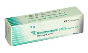 Opakowanie maści do oczu z antybiotykiem Neomycinum Jelfa. Lek zawiera neomycyny sulfas, 5 mg/g.