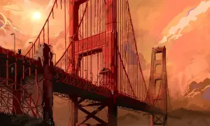 Zniszczony Most Golden Gate w postapokaliptycznym świecie, jak w **Fallout 2 remake**. Słońce przebija się przez pomarańczowe chmury.