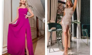 Elegancka kobieta w długiej, **sukience fuksja** z rozcięciem. Obok druga modelka w błyszczącej, złotej kreacji.