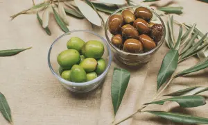 Due ciotole di vetro mostrano due tipi di olive: verdi e marroni, con rami d'ulivo sullo sfondo.