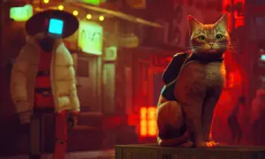 Kot z plecakiem siedzi na skrzynce w neonowym mieście. Obok stoi robot. Ile godzin minęło od jego ostatniego domu?