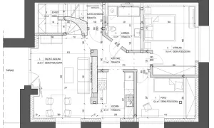 Projekt adaptacji poddasza: salon z jadalnią, kuchnia, łazienka, sypialnia i pokój.