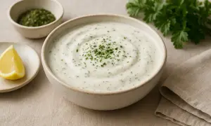 Krämig dressing till sallad med örter, serverad med en citronklyfta och en skål med torkade örter.