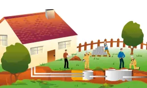 Przedstawienie budowy przydomowej oczyszczalni ścieków, gdzie pracownicy analizują projekt i materiały, co wpływa na koszt budowy oczyszczalni ścieków.