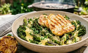 Grillowany halloumi z pieczonym brokułem i sosem. Idealne danie na letni wieczór przy grillu.