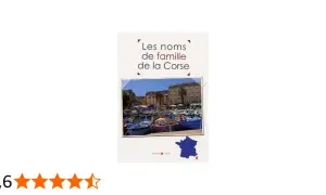 Couverture du livre "Les noms de famille de la Corse", montrant un port pittoresque avec des bateaux et des bâtiments colorés.