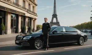 Un homme en costume attend devant une berline noire, prêt pour son transport pour Orly. La Tour Eiffel se dresse en arrière-plan.