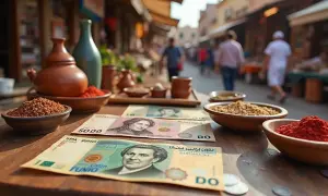 Na stole leżą banknoty dinar tunezyjski, obok miseczki z przyprawami i ziarnami. W tle widać gwarny targ.