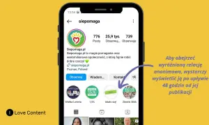 Czy wchodząc na zapisane stroiess na IG, ktoś widzi, że je oglądam? Na ekranie telefonu profil Siepomaga.pl, z informacją, że wyróżnione relacje są anonimowe po 48h.