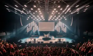 An empty concert stage with drums and keyboards awaits the band. The audience is seated, ready for the show to begin, and wondering what is the average length of a concert.