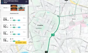 Jak dojechać z dworca w Krakowie do Prokocimia? Mapa pokazuje trasę tramwajem linii 18, czas przejazdu 13 minut.