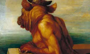Le Minotaure, créature mythique de la Grèce antique, se repose au bord de la mer.