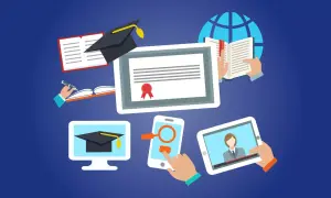 Grafika przedstawia elementy związane z nauką online: dyplom, księgi, czapkę absolwenta, globus, komputer, smartfon i tablet. Idealne do promocji kursów e learning.