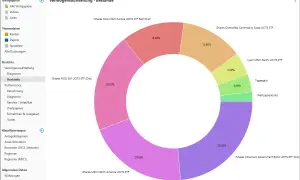 Portfolio Performance: Tortendiagramm zeigt die Vermögensaufstellung mit ETFs und Tagesgeld. Die Performance wird durch die Aufteilung der Bestände visualisiert.