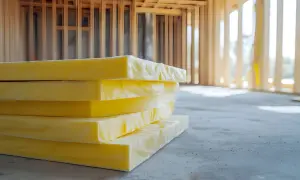 Lastre gialle impilate, pronte per l'installazione. Il loro fonoisolante significato è garantire quiete e comfort acustico.