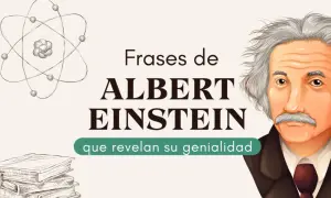 Ilustración de Albert Einstein con un átomo y libros, presentando frases de Einstein que revelan su genialidad.