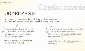 Rodzaje orzeczeń: czasownikowe (np. "gwarantuje") i imienne (np. "stał się").