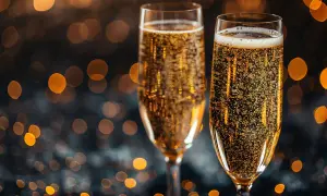 Dwa kieliszki musującego prosecco, które choć nie jest szampanem, równie pięknie bąbelkuje na tle rozmytych świateł.