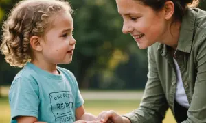 Matka z uśmiechem rozmawia z dzieckiem, ucząc je, jak reagować na brak szacunku.