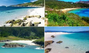 Cuatro impresionantes playas gallegas, parte de las 20 mejores playas de Galicia, con aguas cristalinas y paisajes verdes.