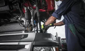 Mécanicien travaillant sur le moteur d'un camion, assurant la conformité avec la réglementation du contrôle technique poids lourds.