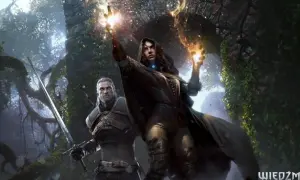 Geralt i czarodziejka w mrocznej, leśnej scenerii. Ona rzuca zaklęcie, a on trzyma miecz. W grocie króla gór nuty magii unoszą się w powietrzu.