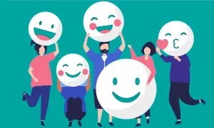 Personas celebrando con caras sonrientes, ideales para actividades para trabajar las emociones y fomentar la alegría.