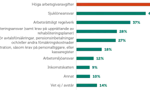 Diagram visar kostnader för företag. Höga arbetsgivaravgifter är störst. 14% avser "Vet ej / avstår", vilket kan inkludera en 14-årings funderingar kring arbetsgivaravgift.