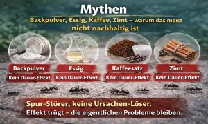 Ameisen krabbeln um Zimtstangen. Das Bild zeigt, dass Zimt, wie Backpulver, Essig und Kaffeesatz, kein Dauer-Effekt gegen Ameisen hat.