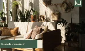 Przytulny salon boho z dużą ilością roślin, plecionymi dodatkami i słonecznymi promieniami.