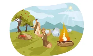 Kain i Abel streszczenie: Abel składa ofiarę z owcy na ogniu, podczas gdy Kain z gniewem patrzy na swoje plony.