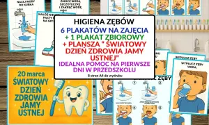 Zestaw materiałów edukacyjnych o higienie jamy ustnej dla przedszkolaków. Plakaty pokazują krok po kroku, jak prawidłowo myć zęby.