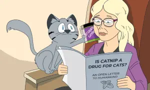 A cat holds a "Cat Crack" container while a woman reads a paper titled "Is Catnip a Drug for Cats?".