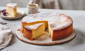 Ein goldbrauner Kuchen, bestäubt mit Puderzucker, wartet darauf, probiert zu werden. Dieses Kartoffeltorte Rezept ist ein Genuss!