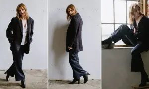 Eleganckie czarne szerokie spodnie stylizacje z marynarką. Modelka prezentuje zestaw w trzech ujęciach, podkreślając swobodę i szyk.