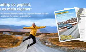 Mann springt auf einsamer Straße in Schweden. Digitale Routenkarten für deinen Roadtrip mit vielen schweden reisetipps.