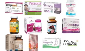 Suplementy diety z DHA dla kobiet w ciąży i karmiących piersią: Omegamed Pregna, Prenatal DHA, Pregna DHA, Symvital DHA, MegaFood Baby & Me 2, Omegame Prenatal, Gold DHA, Prenacaps, Equazen mumomega, Pregnalife DHA z alg.