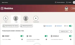 Panel Norton Rodzina pokazuje, jak założyć kontrolę rodzicielską na telefonie. Można tu dodać dzieci, ustawić limity czasowe i blokować aplikacje.