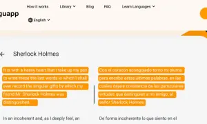 Aplikacja do nauki czytania Beelinguapp prezentuje fragment "Sherlocka Holmesa" w dwóch językach, ułatwiając naukę.
