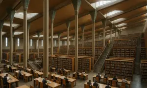 Wnętrze biblioteki z rzędami regałów pełnych książek, wysokimi kolumnami i świetlikami. Wygląda jak współczesna wersja biblioteki aleksandryjskiej.