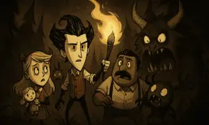 Postacie z gry Don't Starve Together stawiają czoła potworom. Wilson trzyma pochodnię, a obok niego stoją Wendy, Wolfgang i mały pająk.