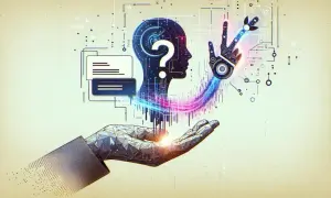 Cyber dłoń podtrzymuje głowę AI z pytajnikiem. Jak zadać pytanie sztucznej inteligencji, by uzyskać odpowiedź?