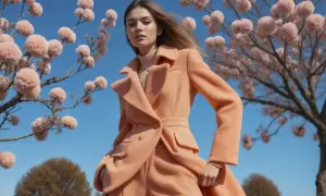 Kobieta w brzoskwiniowym płaszczu z wełny, idealnym na wiosnę. Tkanina na płaszcze prezentuje się lekko i elegancko na tle kwitnących drzew.