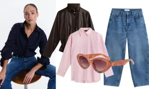 En modell visar upp en mörkblå skjorta med volanger, jeans och ett bälte. Bredvid syns en brun jacka, en randig rosa skjorta och ett par solglasögon. Herrmode inspiration för en stilfull look.