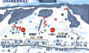 Mapa ośrodka narciarskiego Harendy w Zakopanem. Widoczne trasy narciarskie, wyciągi, punkty gastronomiczne, parkingi i wypożyczalnie sprzętu.