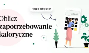 Ilustracja: kobieta korzystająca z kalkulatora, tekst "Oblicz zapotrzebowanie kaloryczne".